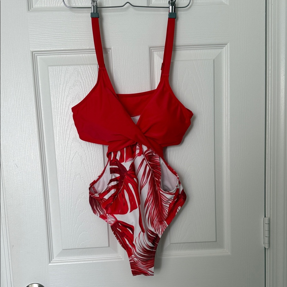 Vibrant Red & White One-Piece Bathing Suit w/side Cut-Outs, NWOT, Size L